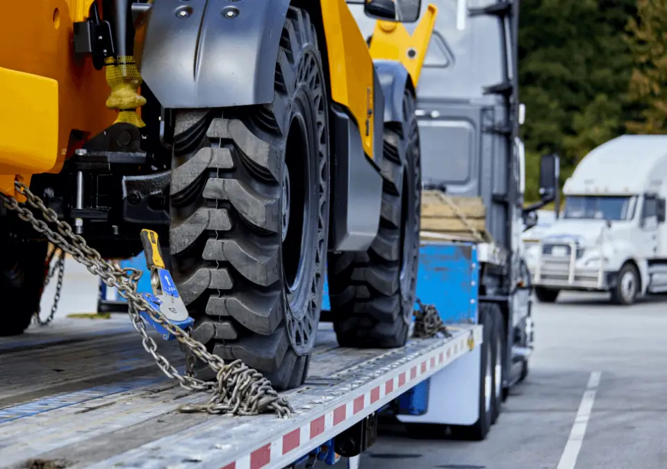 A large piece of machinery securely chained to a truck bed.